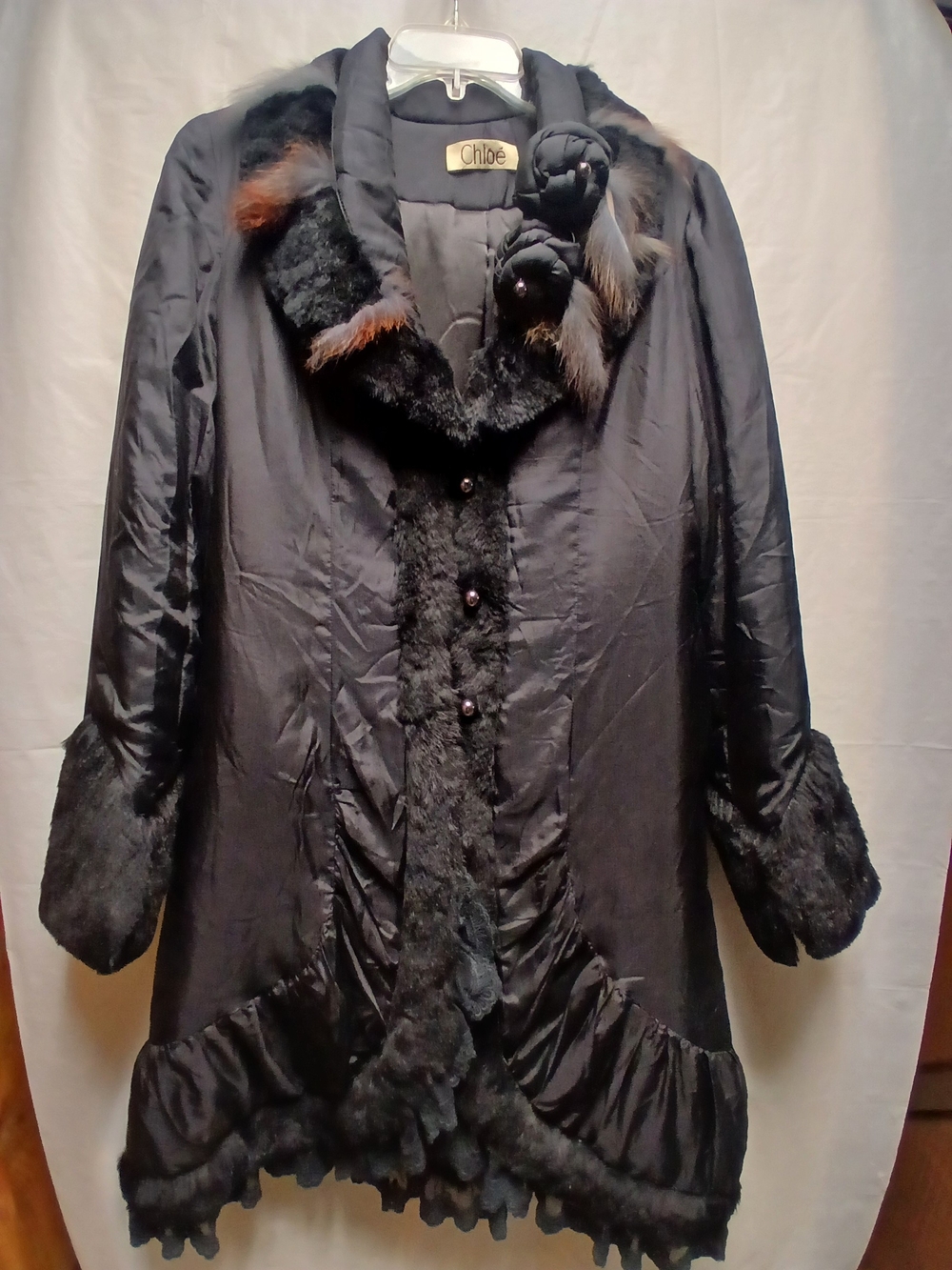 Chloe 100% Silk Black Women's Fur-Trim Coat
